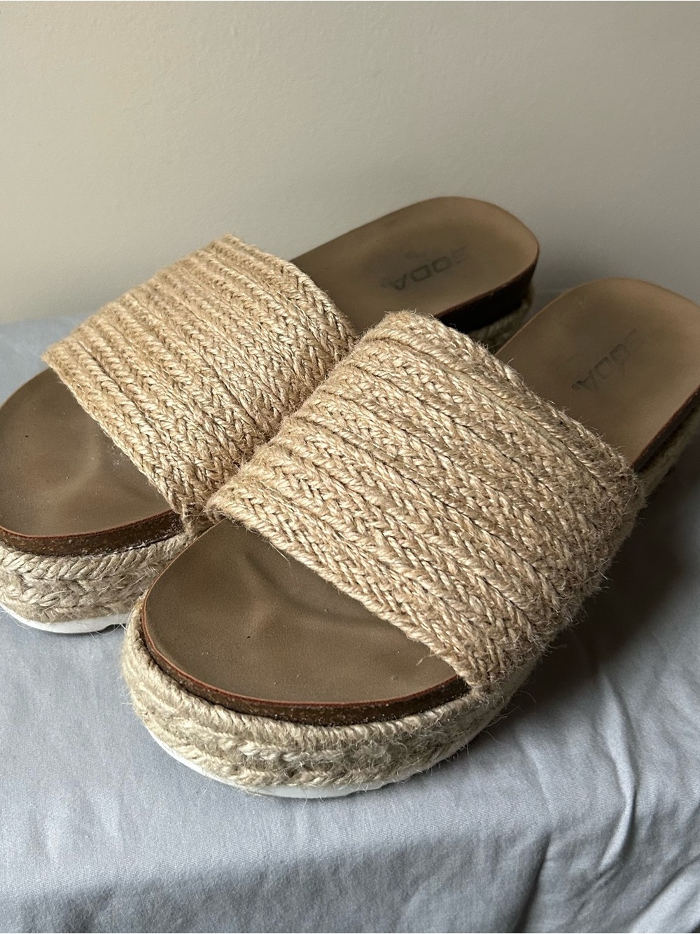 Soda Natural Beige Woven Platform Slide Sandals